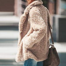 Load image into Gallery viewer, haoricu Womens Faux Shearling Jacket Casual Lapel Fleece Fuzzy Jacket Shaggy Oversized Jacket Warm Cardigan Coat Beige