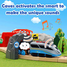 Load image into Gallery viewer, Battery Operated Action Locomotive Train & 10 Pcs Wooden Train Track & 2 Smart Action Tunnels - 13 Piece Train Toy with Accessories and Wooden Tracks