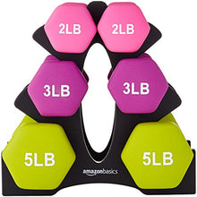 Load image into Gallery viewer, AmazonBasics Neoprene Workout Dumbbell Hand Weights, 20 Pounds Total, Pink/Purple/Green - 3 Pairs (2-Lb, 3-Lb, 5-Lb) & Weight Rack