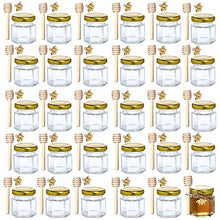 Load image into Gallery viewer, 1.5 oz Hexagon Mini Glass Honey Jars -30Pack Honey Jars with Wood Dipper, Gold Lid, Bee Pendants, Jutes - Perfect for Baby Shower, Wedding Favors, Party Favors
