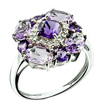 Load image into Gallery viewer, RB Gems Sterling Silver 925 Ring GENUINE GEMS Cushion 5 mm, Rhodium-Plated Finish, Floral Cluster Design (7, amethyst)