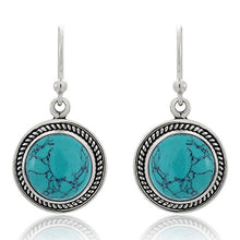 Load image into Gallery viewer, 925 Sterling Silver Blue Turquoise Gemstone Rope Edge Round Dangle Hook Earrings 1.2"