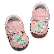 Load image into Gallery viewer, SOFMUO Baby Girls Boys Pu Leather Sneakers Anti-Slip Rubber Sole Cartoon Moccasins Handmade Newborn Slippers Hard Bottom Toddler First Walkers Infant Crib Shoes (Butterfly Pink,0-6 Months)
