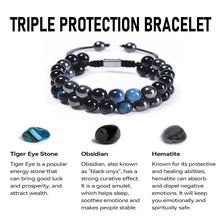 Load image into Gallery viewer, Handmade Triple Protection Bracelet for Men, Crystals Bracelet Contains Hematite Crystal, Black Obsidian and Blue Tiger Eye Bracelet, Healing Bracelets for Women Bring Happiness, Good Luck, Blue