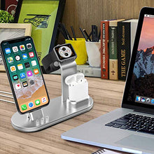 Load image into Gallery viewer, OLEBR Charging Stand Compatible with iWatch 6 and SE Watch Charging Stand for AirPods, iWatch Series 6/SE/5/4/3/2/1,iPhone 11/11 Pro/11 Pro Max/Xs/X Max/XR/X/8/8Plus/7/7 Plus /6S /6S Plus-Silver