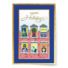 Load image into Gallery viewer, Designer Greetings Interfaith Boxed Christmas Cards, Apartment Windows with Christmas and Hanukkah Holiday Symbols (Box of 18 Gold Foil Embossed Cards with Envelopes)