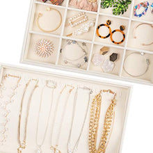 Load image into Gallery viewer, Mebbay Stackable White Jewelry Trays Organizer Set with Clear Lid Jewelry Storage Display Trays for Drawer, Earring Necklace Bracelet Ring Organizer, Set of 4