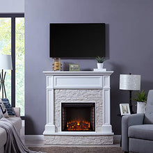 Load image into Gallery viewer, SEI Furniture Jacksdale Faux Stone Accent Electric Hidden Media Shelf Fireplace, White