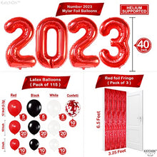 Load image into Gallery viewer, Huge, Happy New Year Decorations 2023 - Pack of 132 | Red 2023 Balloons, New Years Eve Party Supplies 2023 | New Years Balloon Garland | Red Fringe New Years Backdrop, Red and Black Party Decorations