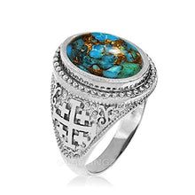 Load image into Gallery viewer, Religious Jewelry by LABLINGZ Sterling Silver Jerusalem Cross Blue Copper Turquoise Statement Ring (10.5)