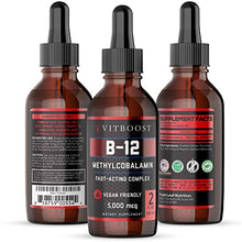 Load image into Gallery viewer, VITBOOST Vegan Liquid B12 Drops – 60 x 5000 mcg Extra Strength Raspberry Flavored Vit B12 Supplement & VITBOOST Extra Strength Vegan 200mg Organic Elderberry Syrup Kids & Adults Antioxidant Supplement