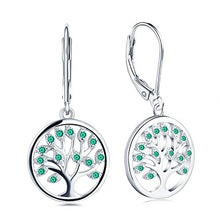 Load image into Gallery viewer, 925 Sterling Silver Family Tree of Life Created Emerald Drop & Dangle Leverback Earrings