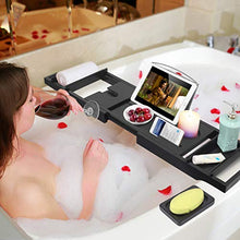 Load image into Gallery viewer, Bamboo Bathtub Caddy Tray Expandable for Luxury Bath,Bath Accessories & Table with Wine Glass Holder,Book Stand Bathroom Organizer with Extending Sides for Men/Women,Free Soap Holder (Black)