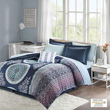 Load image into Gallery viewer, Intelligent Design Loretta Ultra Soft Brushed Microfiber Bohemian Boho Medallion Comforter and Sheet Set Bag Bedding, Queen, Navy 9 Piece