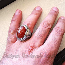 Load image into Gallery viewer, Aqeeq man ring natural liver agate natural red onyx ring semi-precious red stone oval heavy sterling silver arabic middle eastern turkey style