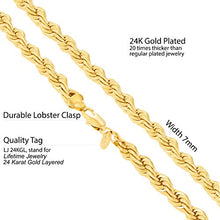 Load image into Gallery viewer, Lifetime Jewelry 7mm Rope Chain Necklace 24k Real Gold Plated for Men & Women (Gold, 26)