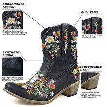 Load image into Gallery viewer, Fullwei Cowboy Booties for Women,Women Embroidery Cowgirl Wide Combat Ethnic Ankle Boot Ladies Casual Pull-Up Western Low Heels Short Motorcycle Riding Walking Shoe (Black, 9)