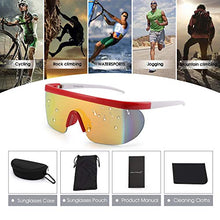 Load image into Gallery viewer, JIM HALO Oversized Flat Top Shield Sunglasses One Piece Mirror Glasses Men Women (Red White Frame/Mirror Gold Lens)
