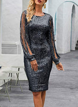 Load image into Gallery viewer, Lovezesent Womens Sexy Sequin Tassel Sleeve Bodycon Night Club Cocktail Party Midi Dress Black Medium
