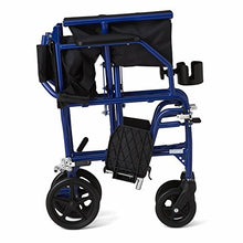 Load image into Gallery viewer, Medline Ultralight Transport Wheelchair with 19” Wide Seat, Folding Transport Chair with Permanent Desk-Length Arms, Blue Frame