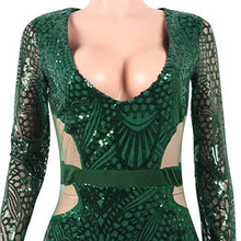 Load image into Gallery viewer, Womens Sequin Dress Geometric Tattoo Floral See Through Patchwork Bodycon Clubwear Mini Dress Dark Green Small/US 0-2