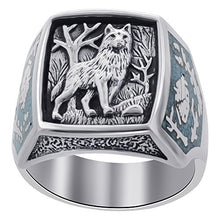 Load image into Gallery viewer, Men's Southwestern Style Turquoise Gemstone Wolf Sterling Silver Ring Size 9