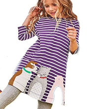 Load image into Gallery viewer, Toddler Girls Cotton Christmas Dress Long Sleeve Casual Purple Stripe Cat Appliques Playwear Jersey Shirt Dresses 4T