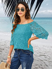Load image into Gallery viewer, Womens Blouses and Tops Dressy Short Sleeve Floral Lace Shirts Summer Beach Blouse Turquiose L