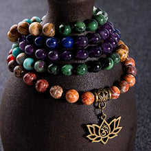 Load image into Gallery viewer, Bivei 7 Chakra 108 Mala Beads Bracelet Real Healing Gemstone Yoga Meditation Hand Knotted Mala Prayer Bead Necklace(Lotus OM-6mm Beads)