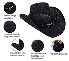 Load image into Gallery viewer, Simplicity Black Cowboy Hat Cowgirl Straw Cowboy Hat for Kids with Metal Bull Décor for 3-5 Years Old Child, Black