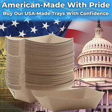 Load image into Gallery viewer, Eco Friendly, USA-Made 3lb Food Holder Trays 150 Pack. Compostable Kraft Paper Container for Diners, Concession Stands or Camping. Best Sturdy 3 Lb Disposable Party Snack Boat for Nachos, Tacos or BBQ