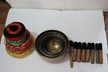 Load image into Gallery viewer, Chakra Healing Tibetan Singing Bowls Set of 7 pieces ~ Hand Hammered Himalayan Meditation Bowls ~ 5"-10" ~ included 7 Mallets, 7 cushions & 1 drum stick. Handmade in Nepal by Thamelmart