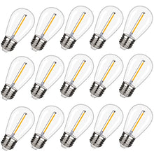 Load image into Gallery viewer, 15 Pack EMITTING Shatterproof & Waterproof S14 Replacement LED Light Bulbs –1W S14 LED Bulbs, Warm White 2200K, Outdoor String Lights Vintage LED Filament Bulb, E26 Base Edison Plastic Bulb.