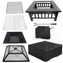 Load image into Gallery viewer, ZENY Outdoor 32’’ Metal Fire Pits BBQ Square Table Backyard Patio Garden Stove Wood Burning Fireplace with Spark Screen Cover,Poker,Cover,Grill