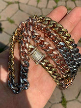 Load image into Gallery viewer, Tri Color Cuban Chain Or Bracelet - Heavy 12mm with Diamond Clasp- Mens Miami Cuban - Yellow Rose & White Gold Over Stainless Steel (20" Chain)