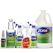 Load image into Gallery viewer, ZORBX Odor Eliminator Mega Bundle | Odor Remover (128 Oz), Spray Bottle (16 Oz), Value Pack (Pack of 3) and Pet Urine Odor & Stain Remover (24 Oz).