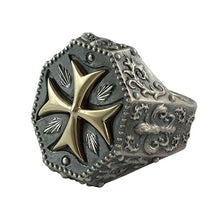 Load image into Gallery viewer, Knights Templar Maltese Cross Mens Ring Fleur De Lis Silver 925 and 10K Gold Masonic Jewelry