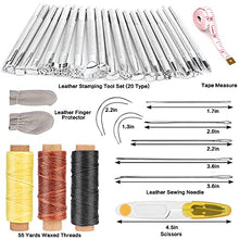 Load image into Gallery viewer, 50 Pieces Leather Working Tools and Supplies with Leather Tool Box Prong Punch Edge Beveler Wax Ropes Needles Perfect for Stitching Punching Cutting Sewing Leather Craft Making