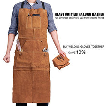 Load image into Gallery viewer, QeeLink Leather Welding Apron - Heat & Flame-Resistant Heavy Duty Work Forge Apron with 6 Pockets, 42" Large & Cross Back Extra Long Strap, Adjustable M to XXXL for Men & Women (Brown)