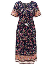 Load image into Gallery viewer, Arach&Cloz Women's Boho Tie Neck Printed Short Sleeve Floral Summer Loose Tassels Casual Midi Dress with Pockets (Floral03,XL)