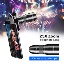 Load image into Gallery viewer, Phone Camera Lens, NOVPOT Pro Phone Lens Kit, 25X Zoom Telephoto Lens, 0.45X Wide Angle Lens & 15X Macro Lens Compatible with iPhone,iPad,Most Android Phones and Smartphones with Tripod