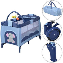 Load image into Gallery viewer, BABY JOY Portable Baby Playard, 3 in 1 Foldable Reversible Napper and Changer, Portable Playard Travel Bassinet Bed with Hanging Toys, 2 Lockable Wheels Diaper Changing Table (Blue)