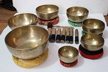 Load image into Gallery viewer, Chakra Healing Tibetan Singing Bowls Set of 7 pieces ~ Hand Hammered Himalayan Meditation Bowls ~ 5"-10" ~ included 7 Mallets, 7 cushions & 1 drum stick. Handmade in Nepal by Thamelmart