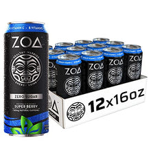 Load image into Gallery viewer, ZOA Zero Sugar Energy Drinks 16 Fl Oz, Super Berry (Pack of 12) - 160mg Natural Caffeine, Supports Healthy Immunity, Boosts Focus & Hydration