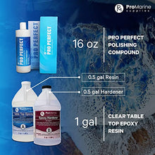 Load image into Gallery viewer, Pro Marine Supplies Clear Table Top Epoxy Resin (1 Gallon Kit) Bundle With Pro Perfect | UV Resistant and Self-leveling Resin | Resin Polishing Compound | For River Tables, Woodworking, Jewelry & More