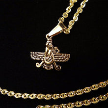 Load image into Gallery viewer, Asoodehdelan X-Small Double Sided Gold Pt Farvahar Necklace Earrings Set Iranian Persian Art Iran Farohar Gift (Necklace)