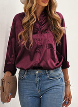 Load image into Gallery viewer, GOSOPIN Women Casual Satin Silk Long Sleeve Button Down Shirt Formal Office Blouse Top XX-Large Red