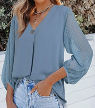 Load image into Gallery viewer, Bebonnie Work Clothes for Women Office,Juniors Blouses for Women 2022 Fashion 3/4 Balloon Sleeve Causal Summer Fall V Neck Chiffon Feminine Elegant Blouses & Button-Down Shirts Blue Grey Large