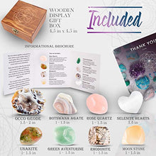 Load image into Gallery viewer, Crystalya Premium Grade Crystals and Healing Stones in Wooden Box for Fertility, New Moon, Meditation - Rose Quartz, Unakite, Rhodonite, Moonstone, Occo Geode, Selenite, Gemstones + Info Guide