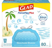 Load image into Gallery viewer, Glad ForceFlexPlus Tall Kitchen Drawstring Trash Bags - 13 Gallon Trash Bag, Febreze Beachside Breeze - 80 Count (Package May Vary)